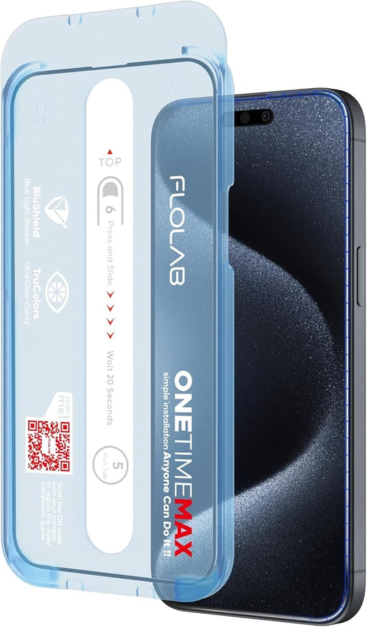 FLOLAB NanoArmour ONETIME MAX for iPhone 15 Pro Screen Protector: Anti-Blue Light Screen Protector 3D Clear Military-Grade Tempered Glass Durable Smooth Easy Install Dust-Free