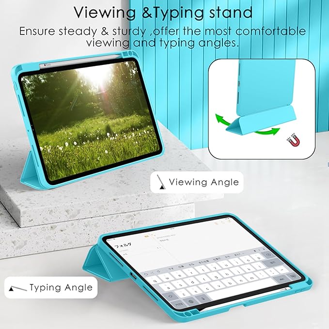 ZryXal New iPad Pro 13 Inch Case (M5) 2025 / (M4) 2024 with Pencil Holder Smart iPad Case [Support Pencil Pro and Pencil (USB-C)] Support Touch ID and Auto Wake/Sleep (Cyan)