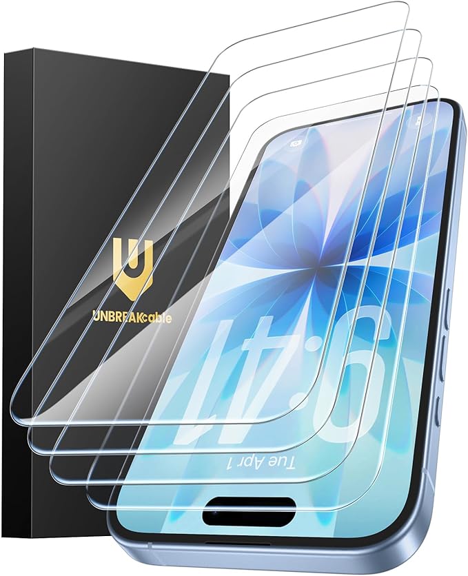 UNBREAKcable 4-Pack Screen Protector for iPhone 17 Double Shatterproof Tempered Glass [Easy Installation Frame] [9H Hardness] [99.99% HD Clear] [Case Friendly] for iPhone 6.3 inch