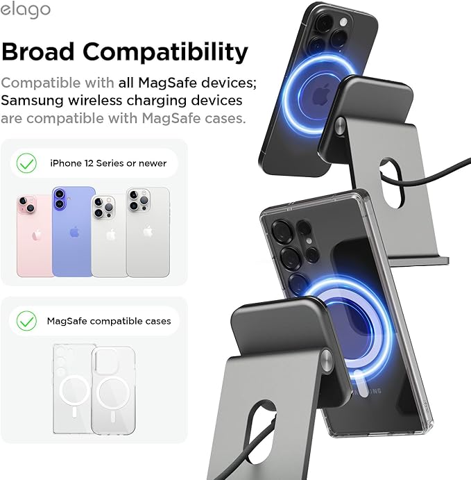 elago Qi2 Wireless Charging Stand for MagSafe Devices Qi2 Certified 15W Ultra-Fast Strong Magnet Adjustable Tilt Non-Slip Design for iPhone (Black)