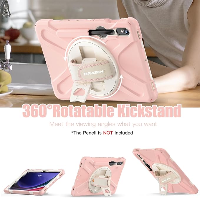 BRAECNstock for Samsung Galaxy Tab S10 Lite/ S10 FE/ S9 FE/ S9/ S8/ S7 5G Case 10.9/11 Shockproof Protective Kids Case with Pen Holder Rotating Hand Strap &amp Stand Shoulder Strap Sakura Pink