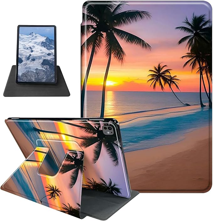 Case for iPad Pro 11 Inch Case M4(2024 5th Generation) Sunset Beach Palm Trees Theme 360 Degree Rotating Stand Protective Cover with Auto Sleep/Wake