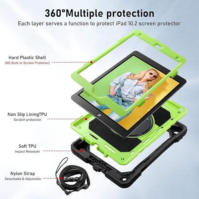 for iPad 9th/8th/7th Generation CaseiPad 10.2 Case 2021/2020/2019 with Cute Key Chain Rugged Protective Case with 360°Rotating Stand &amp Shoulder Hand Strap &amp Pen Slot for 10.2 Inch (Black+Ye