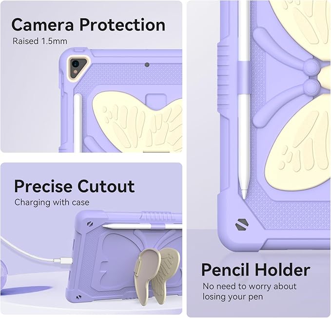 for iPad 9th Generation Case 10.2 inch for Kids Girls with Butterfly Kickstand Shoulder Strap Pencil Holder Rugged Cover for iPad 9th 8th 7th Gen 2021 2020 2019 Purple