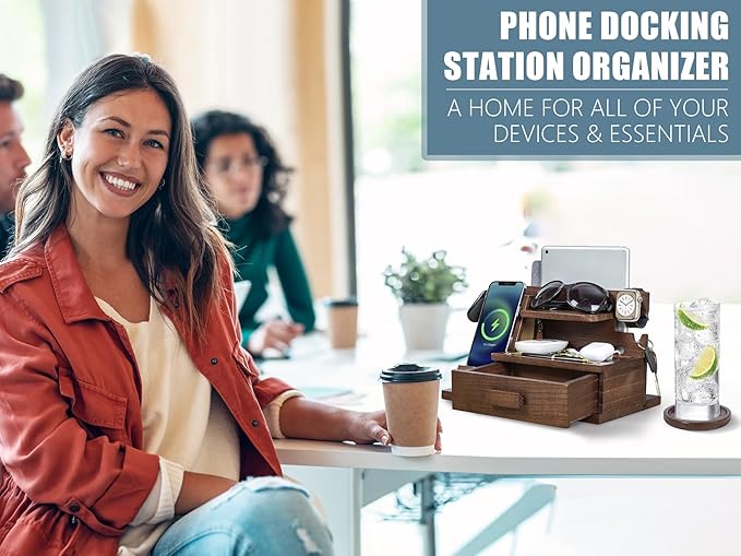 Wood Phone Docking Station with Drawer Compatible with Apple Watch - Wood Charging Station Organizer Stand Bedside Nightstand Organizer for Men Holds Phone Tablet Keys Glasses EDC