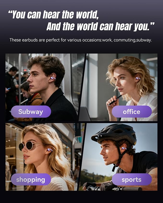 King Lucky Clip-On Earbuds Gen 3 Open-Ear Wireless Bluetooth 6.0 Headphones with Mic Secure Fit for Small Ears &amp Glasses Wearers 50H Playtime LED Digital Display ENC IPX5 Waterproof (Purple)