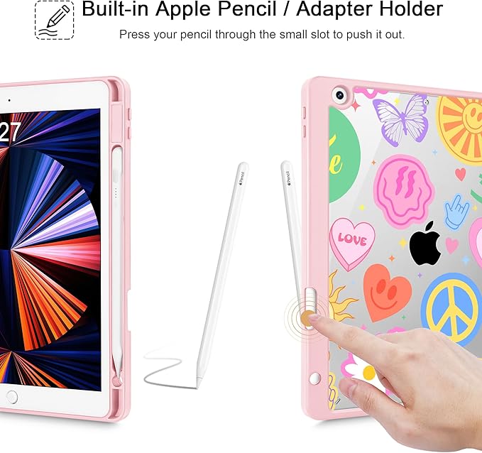 May Chen for iPad 9th Generation with Pencil Holder iPad 8th/7th Gen Case 10.2-inch [Penceil Holder] Trifold Stand Auto Wake/Sleep Clear TPU Protection Back Cover Smile Art
