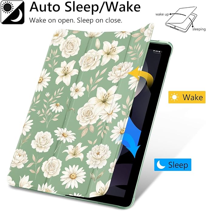 Aesthetic White Flowers Case for iPad 9th/8th/7th Generation 10.2 Inch (2021/2020/2019 Release) Protective CasePencil Holder &amp Clear Soft TPU Back &amp Trifold Cover for Women