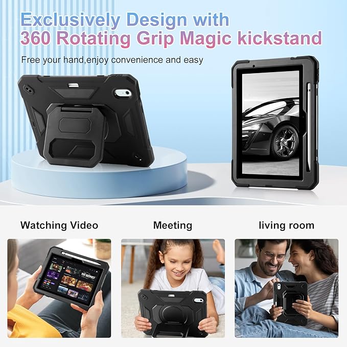 MARKILL for iPad Air 11 Case (M3) 2025/ iPad Air 11 Case 2024 (M2) with Pen Slot/360 Rotating Grip Magic StandKeychain/Shoulder StrapFull-Body Rugged Cover for iPad Air 6th Generation (Black)