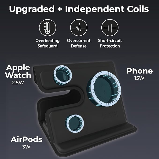 BLACK+DECKER 3 in 1 Charging Station for Apple Multiple Devices Wireless Foldable Travel Charger for Multiple Devices iPhone 17 16 15 14 13 Pro Max Plus Apple Watch Series/AirPods (Black)