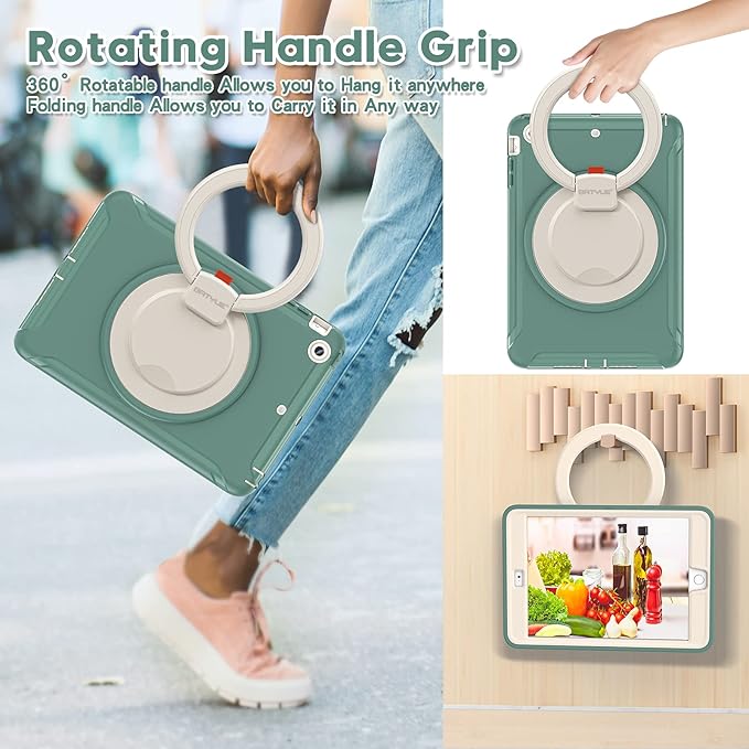 BATYUE Shockproof Case for iPad mini 1/2/3 (2012/2013/2014) - 360° Multi-Angle Stand (Portrait &amp Landscape) &amp Grip Multi-Scene for All Ages Jade Green
