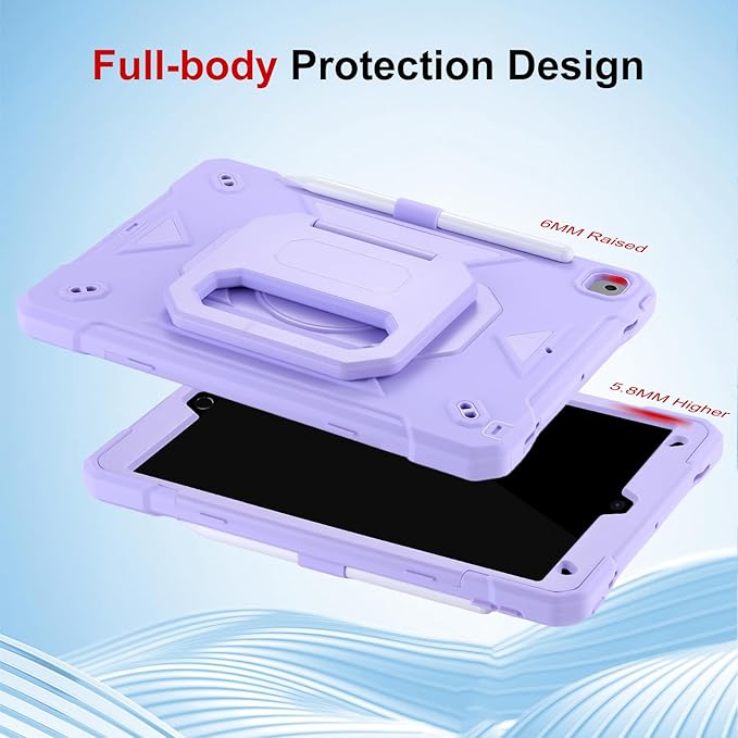 Case for iPad 9th Generation (2021) /iPad 8th Gen (2020)/iPad 7th Gen (2019) Military Grade Shockproof iPad Case Built-in 360°Rotating Stand/Pen Slot/Shoulder Strap for iPad 10.2 (Light Purple)