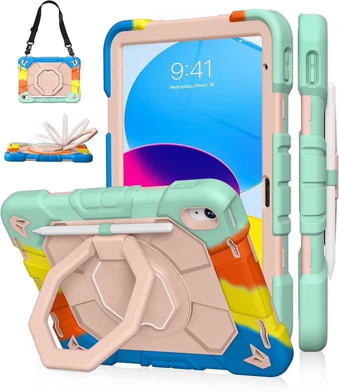 JKSML Case for iPad (A16) 11th/10th Gen | 360° Rugged Rotating Stand | Pencil Holder | Adjustable Shoulder Strap | Heavy Duty Drop Protective Cover for iPad 10.9 (2022)/ 11 (2025) - Colorful