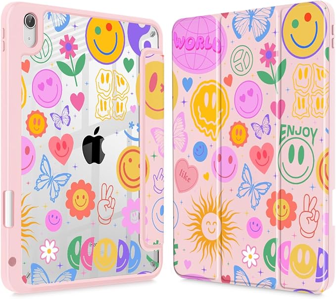 May Chen for iPad (A16) 11th Generation Case 11 Inch 2025 iPad 10th Gen Case 2022 10.9 inch Built-in Pencil Holder with Shockproof Cover Clear Back Shell Auto Wake/Sleep Smile Pattern