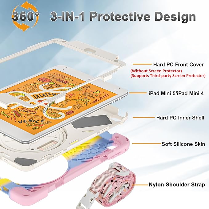 BRAECNstock Kids Case for Apple iPad mini 5/4 7.9 2019/2015 Shockproof Protective with Pencil Holder Rotating Hand Strap &amp Stand Shoulder Strap Case for iPad mini 5th/4th Gen Colorful Pink