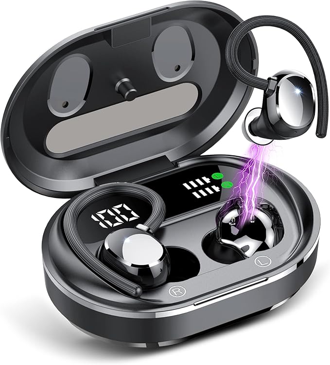 Wireless Earbuds 2023 New Ultralight Sport Bluetooth 5.3 Headphones In Ear with LED Display Built-in Mic Earphones IPX7 Waterproof Wireless Headphones with Earhooks for Gym Workout (Black)