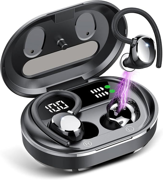 Wireless Earbuds 2023 New Ultralight Sport Bluetooth 5.3 Headphones In Ear with LED Display Built-in Mic Earphones IPX7 Waterproof Wireless Headphones with Earhooks for Gym Workout (Black)