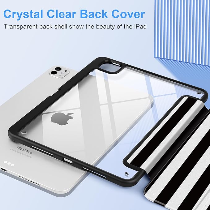 DONGKE for iPad Pro 11-Inch Case (M5 2025 / M4 2024) 6th/5th Generation [Auto Sleep/Wake &amp Pencil Pro Holder] Clear Acrylic Back Smart Trifold Stand Cover Black Stripes