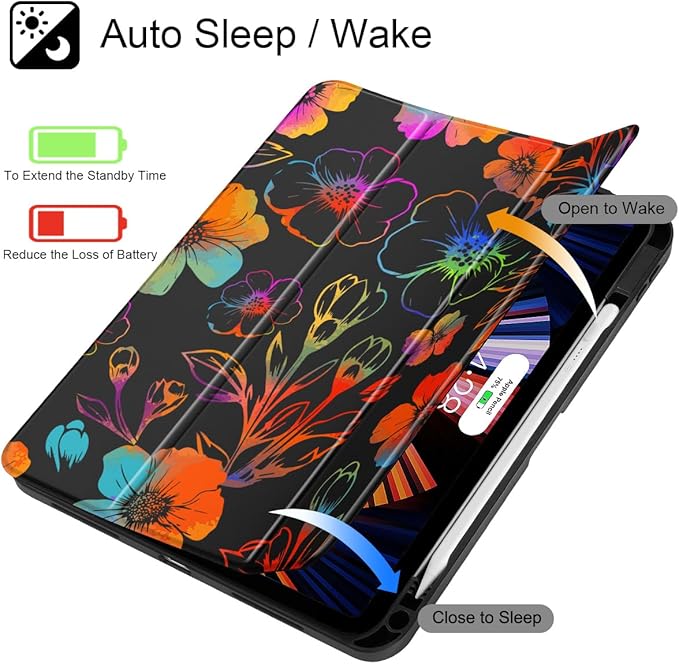 Tuiklol for 2025 iPad (A16 Chip) 11th Generation 11 inch/iPad 10th Generation 10.9 inch 2022 Case Buit in Pencil Holder with Clear Back Shell Cover Trifold Stand Auto Wake/SleepColor Flower Black