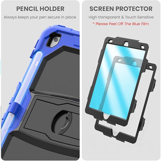 HXCASEAC Kids Case for iPad 9th/8th/7th Generation Full Body Protective Design | Foldable Stand | Screen Protector | Pencil Holder Durable for iPad 9th Gen / 8th Gen 10.2 inch Blue