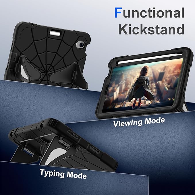 Kids Case for iPad mini 7 A17 Pro 2024/ Mini 6 8.3 inch Spider Case for iPad mini 7th 6th Generation Shockproof Durable Full Protective Cover with Pencil Holder Kickstand (Black+Black)