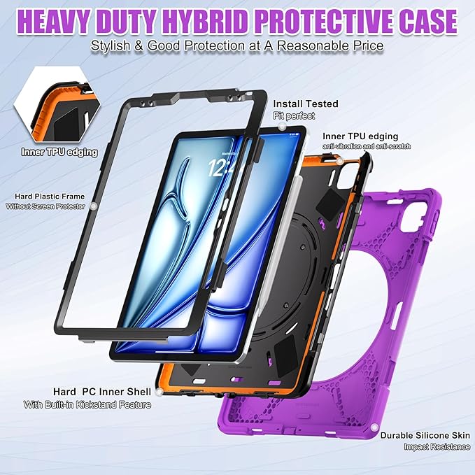 SCSVPN Case for iPad Air 13 inch M4 2026/ M3 2025/ M2 2024 &amp iPad Pro 12.9'' Case 6th/5th/4th/3rd Gen 2022 2021 2020 2018 Protective Cover with Pencil Holder Stand Handle Shoulder Strap Purpl