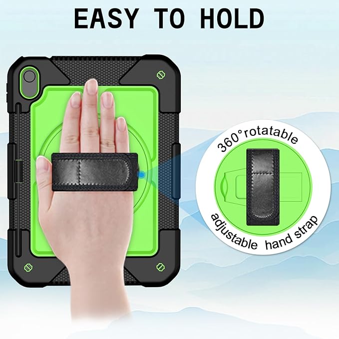 MENZO Case for iPad A16 11th Generation 11 Inch 2025 iPad 10th Gen 2022 10.9 inch 360° Rotating Stand Built-in Pencil Holder Convenient Hand and Shoulder Strap Durable Shockproof Black+Green