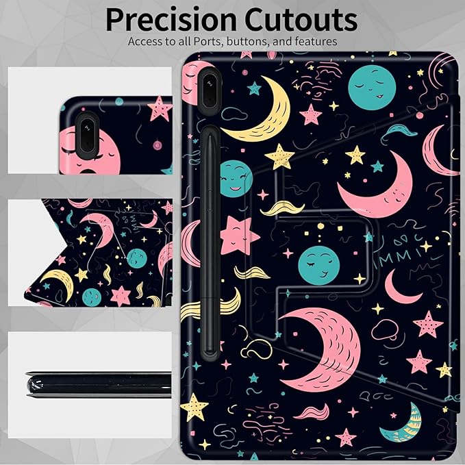 Case for Samsung Galaxy Tab S8 Plus 2022/S7 FE 2021/S7 Plus 2020 12.4 Inch Stars and Moons Theme 360 Degree Rotating Stand Smart Protective Cover for Samsung S7 FE Tablet