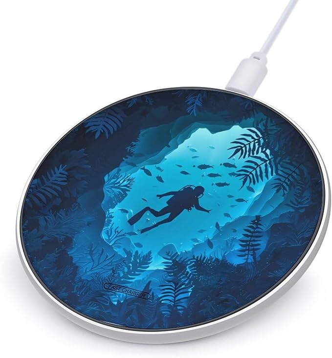 Diver Diving in The Deep Sea Fast Portable Charger 10W Funny Graphic Phone Charging Pad with USB Cable