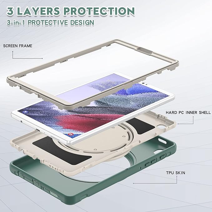 Shockproof Case for Samsung Galaxy Tab A7 Lite 8.7 Tablet Techcircle Rotating Stand Handle Heavy Duty Bumper Hybrid Cover Protective Case for Galaxy Tab A7 Lite (2021) SM-T220/T225 Dark Green