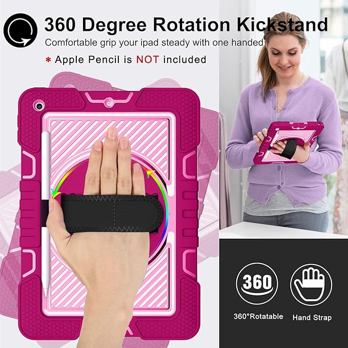 Shockproof Case for iPad 9th/8th/7th Generation 10.2 with Shoulder Strap Techcircle Heavy Duty Rotating Kickstand Hand Strap Rugged Defender Protective Case w/Pencil Holder Rose+Pink