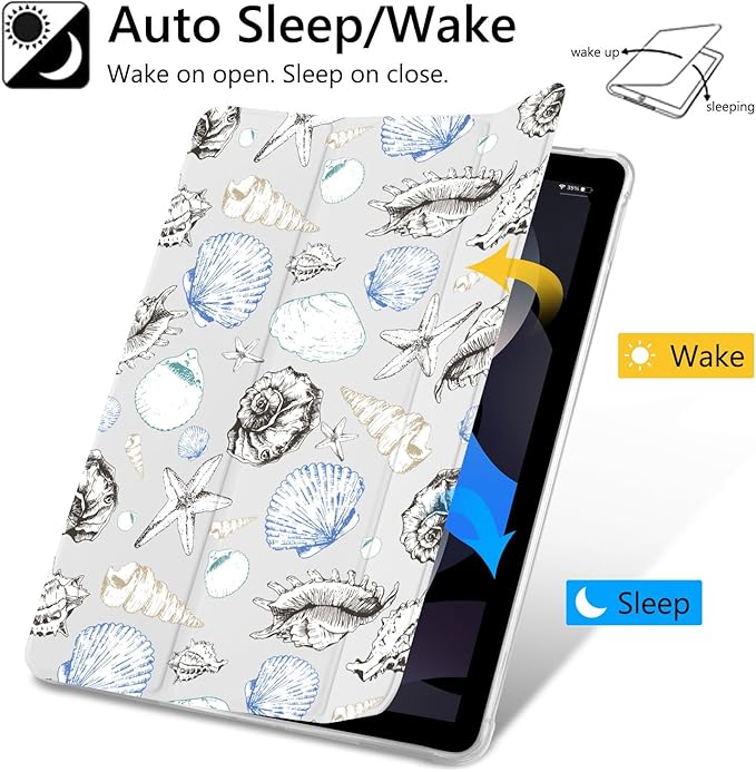 Cute Coastal Ocean Sea Case for iPad Pro 11 (M4) 2024 5th Gen Conch Sea Shell CasePencil Holder &amp Clear Soft TPU Back &amp Trifold Stand Cover for Women