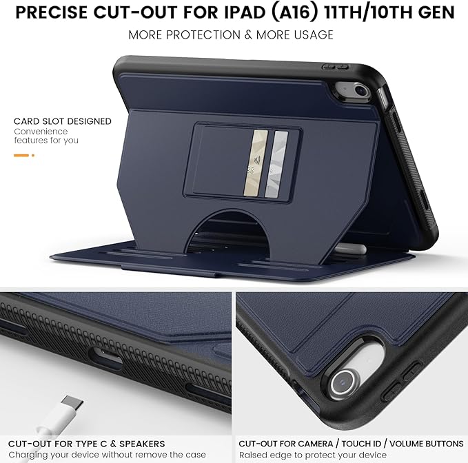 Case for iPad (A16) 11th/10th Generation 11''/10.9'' 2025/2022: Shockproof Protective Cover with Auto Wake/Sleep Strong Magnetic Multi-Angles Stand Pencil Holder Card Slot Blue