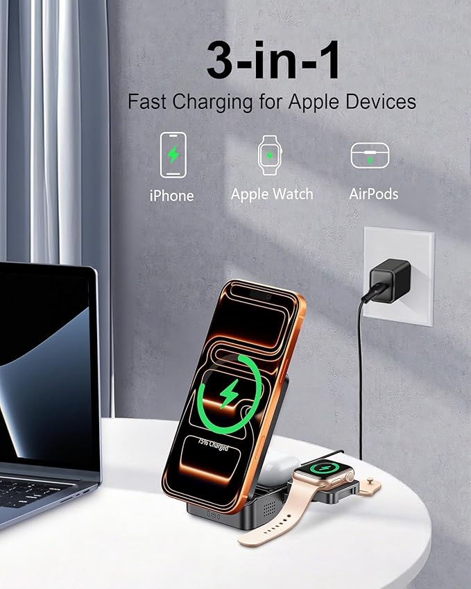 Foldable 3-in-1 Wireless Charger for Apple Devices Qi2 15W Magnetic Fast Charging Dock for iPhone 17/16 Apple Watch AirPods and More (45W USB-C Charger &amp 5ft Type-C Cable Included)