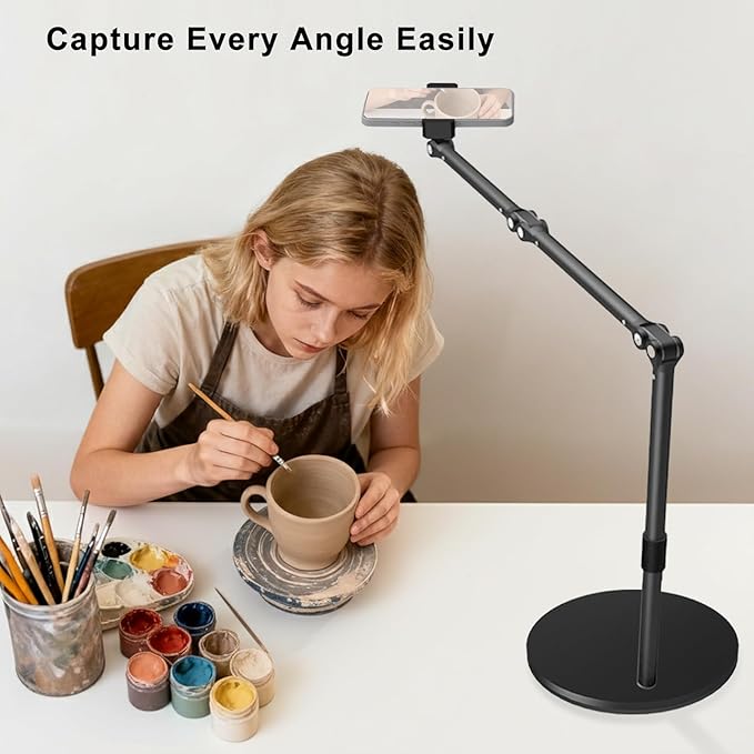 Overhead Phone Mount for Desk 17 Long Arm Adjustable iPhone Holder Heavy Duty Rotatable Stand for Video Recording Live Streaming Crafting Cooking