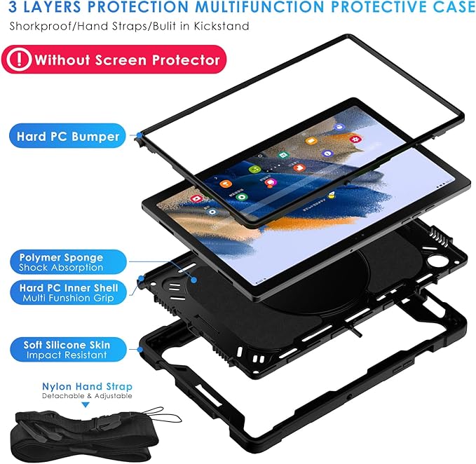DETUOSI Galaxy Tab A8 Case - Shockproof with 360 Stand &amp Strap Heavy Duty for SM-X200/X205/X207 Black