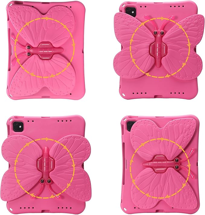 Butterfly Kids Case for iPad Air 13 Inch M3/M2 (2025/2024) iPad Pro 13 (M4) 2024 iPad Pro 12.9 (2022/2021/2020/2018) 3D Cartoon EVA Foam Shockproof Stand Cover for Girls - Magenta