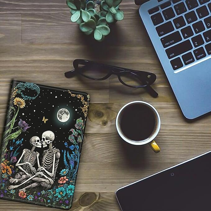 Case for Kindle Paperwhite 12th Generation &amp Kindle Colorsoft Signature Edition 2024 7 inch Lightweight Smart Case Adjustable Stand Protective Cover with Auto Wake/Sleep - Skull Love Flower Moon