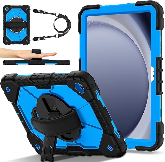 Case for Samsung Galaxy Tab A9 Plus(X210/X216/X218)/A11+ 11 Inch 2025 (X230/X236B) Heavy Duty Shockproof Rugged 360 Rotating Hand Strap Protective Tablet Case for Tab A11 Plus Black+Blue