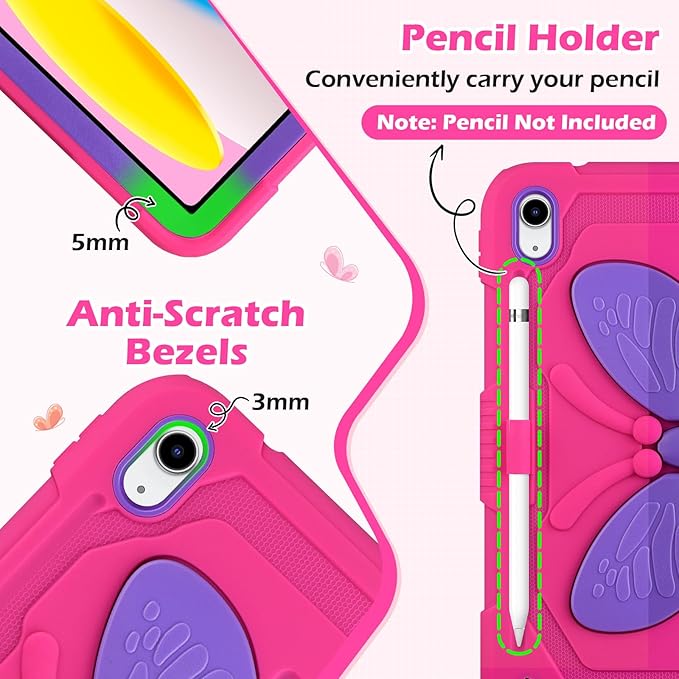 VOFUOE for iPad A16 Case 11th Generation 2025 11 Inch for iPad 10th Generation Case 2022 10.9 Inch for Kids Girls with Butterfly Stand Shoulder Strap Pencil Holder Hard Cover-Hot Pink &amp Purple Wi