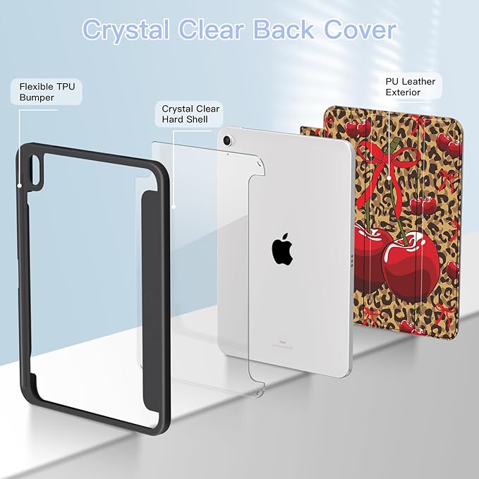 Teryeefi for iPad (A16) 11th Generation Case 11 Inch 2025 Release for iPad 10th Generation 10.9 Inch 2022 Protective Shell with Pencil Holder Soft TPU+Crystal Hard Back Cover (Leopard Print Cherry)