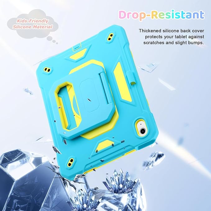 Case for iPad (A16) 2025 11th Gen 10.9'' iPad 10th Generation 2022 10.9'' with Tempered Glass Screen Protector Rugged Kid Case with Shoulder Strap/Pencil Holder/Folding Stand (Blue+Yellow)