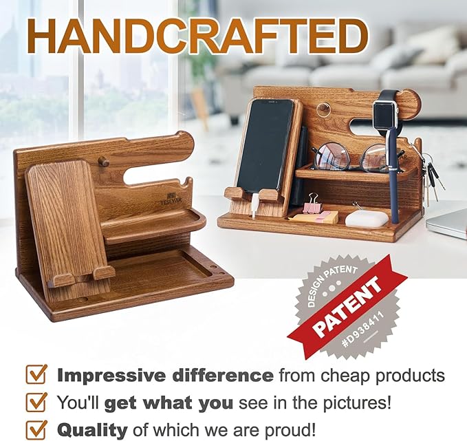 TESLYAR Wood Phone Docking Station for Men - Desk or Nightstand Organizer - Birthday Gifts for Husband or Dad - Anniversary Idea from Wife - Key Holder Stand Wallet Watch &amp Essentials (Earth Bei