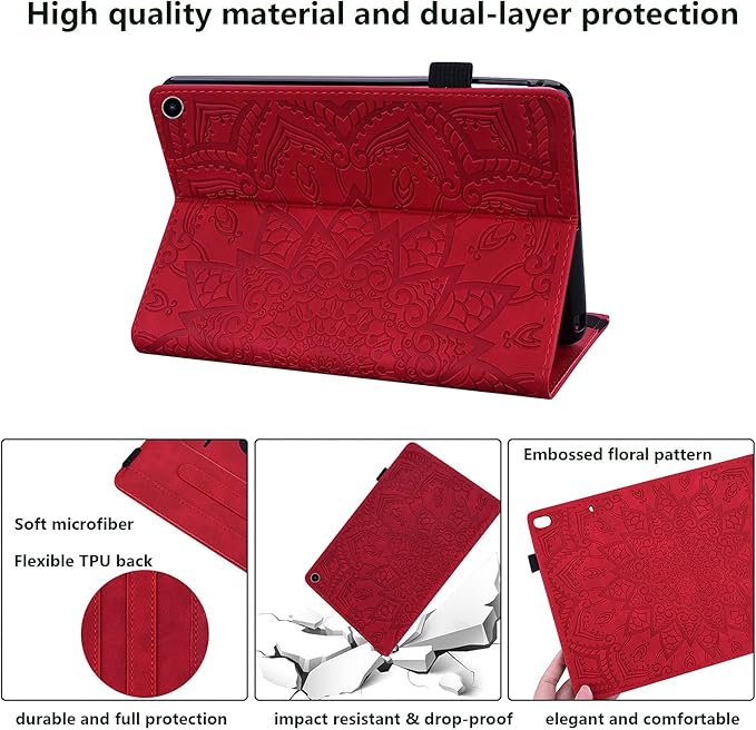 Case for Kindle Fire HD 10 &amp HD 10 Plus 10.1 inch (13th/11th Generation 2023/2021) Stand Embossed Flower PU Leather Magnetic Wallet Cover with Pencil Holder/Pockets [Auto Wake/Sleep] Red
