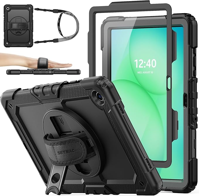 SEYMAC stock Case for Samsung Galaxy Tab A11+ Plus 11'' Full-Body Drop Protection Case with Screen Protector Pencil Holder [360° Rotating Hand Strap] &ampStand Black