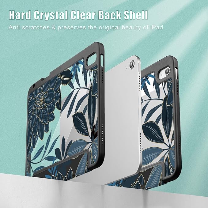 Tuiklol Case for iPad 11 inch (A16 Chip) 2025 Generation 11th / iPad 10.9 inch 2022 10th Gen Buit in Pencil Holder with Shockproof Cover Clear Transparent Back Shell Auto Wake/Sleep Black Flower