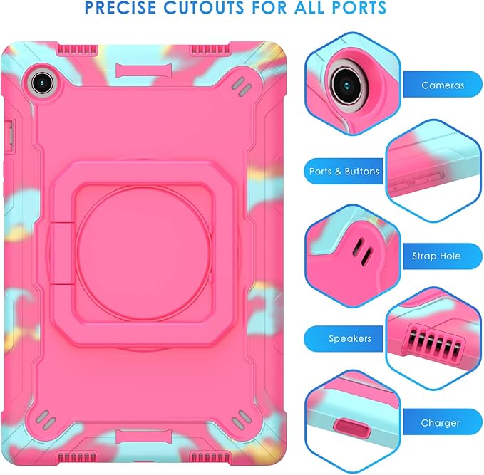 DETUOSI Case for Samsung Galaxy Tab A8 10.5 inch 2022 Galaxy Tab A8 Shockproof Case with 360°Rotatable Stand &amp Shoulder Strap Heavy Duty Case for SM-X200/X205/X207 Camouflage Rose Red