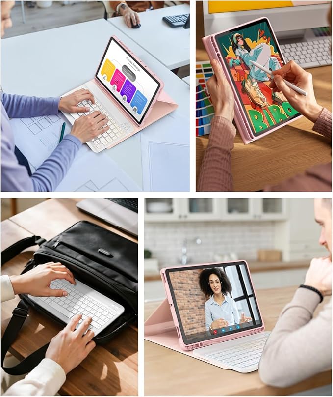 Case Keyboard for Samsung Galaxy Tab S10 Ultra / S9 Ultra / S8 Ultra 14.6 inch Cover - 7 Color Rainbow Change Backlit Detachable Magnetic Keyboard with S Pen Holder with Mouse - Pink
