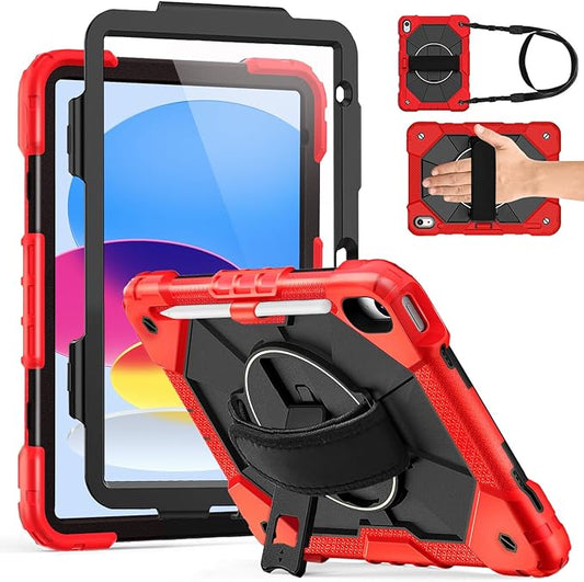 Weuiean Case for iPad A16 11th/10th Generation 11/10.9 Military-Grade Heavy-Duty Shockproof Cover with 360° Rotating Stand Built-in Pencil Holder &amp Adjustable Hand/Shoulder Strap - Red+Black