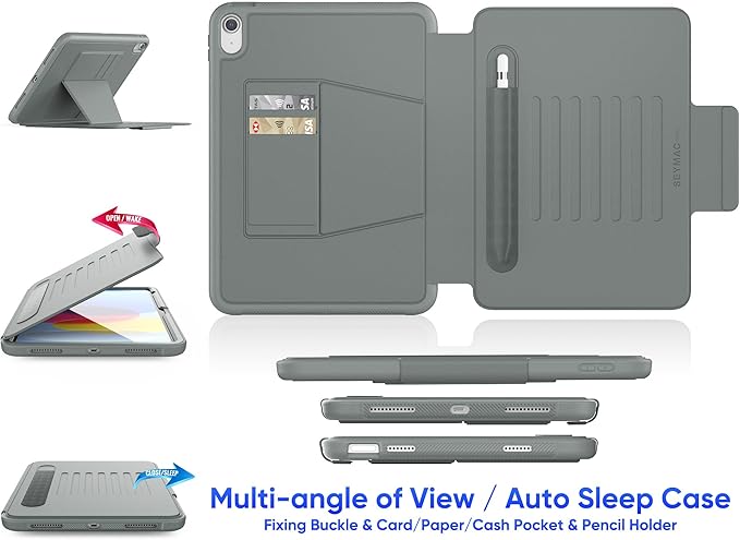 SEYMAC stock Case for iPad (A16) 11th/10th Generation 11''/10.9'' Strong Magnetic Auto Sleep Shockproof Case with Absorbing Multi-Angles Stand Pen Holder Card Slot (Gray)